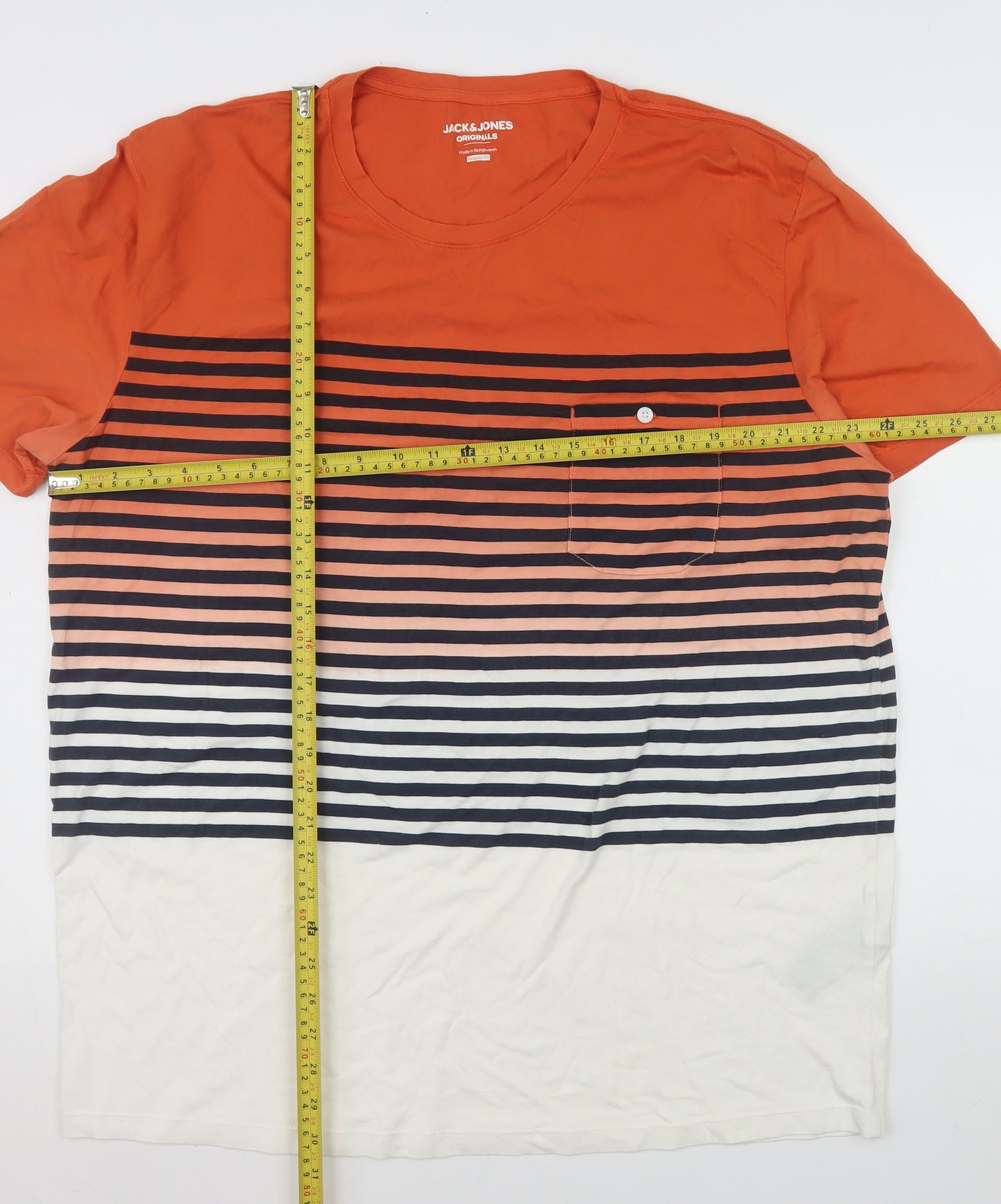 Jack & Jones Mens Orange Striped Crew Neck Cotton T-Shirt 2XL