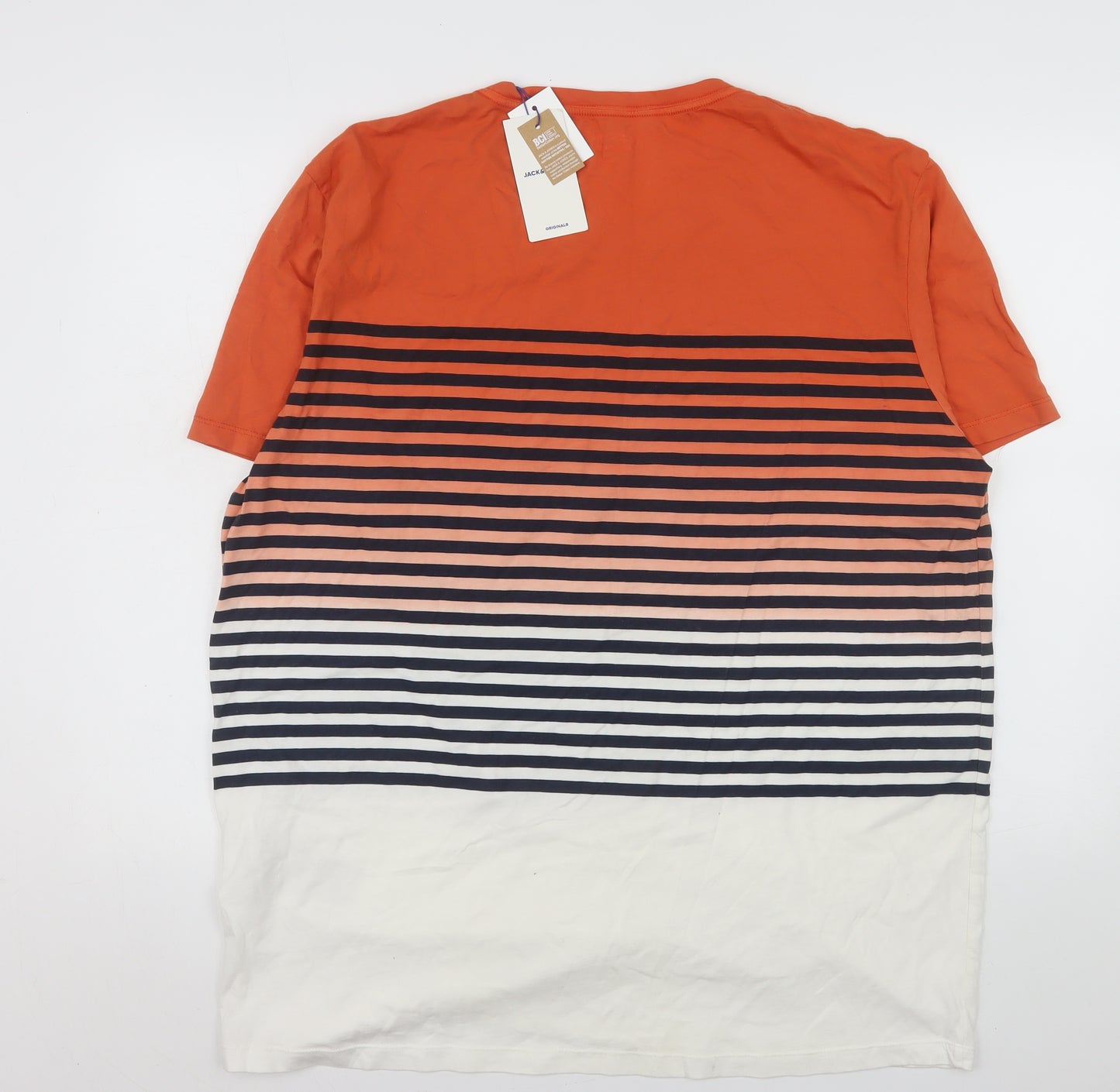 Jack & Jones Mens Orange Striped Crew Neck Cotton T-Shirt 2XL