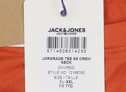 Jack & Jones Mens Orange Striped Crew Neck Cotton T-Shirt 2XL