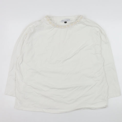 Kelly & Grace Womens White Long Sleeve Embellished Neck Top XXL