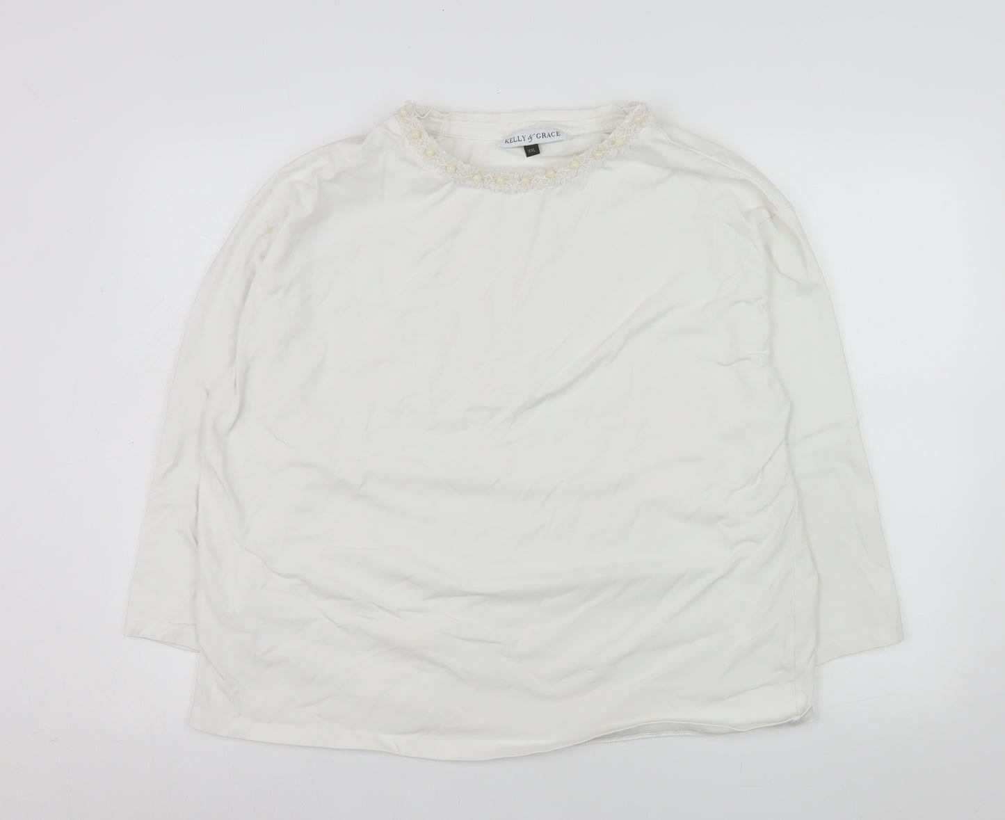 Kelly & Grace Womens White Long Sleeve Embellished Neck Top XXL