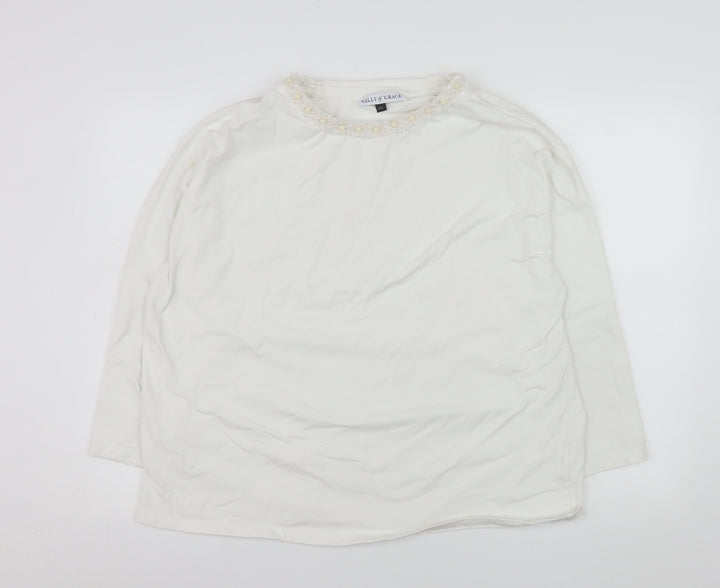 Kelly & Grace Womens White Long Sleeve Embellished Neck Top XXL