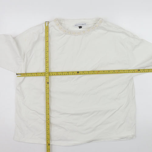 Kelly & Grace Womens White Long Sleeve Embellished Neck Top XXL