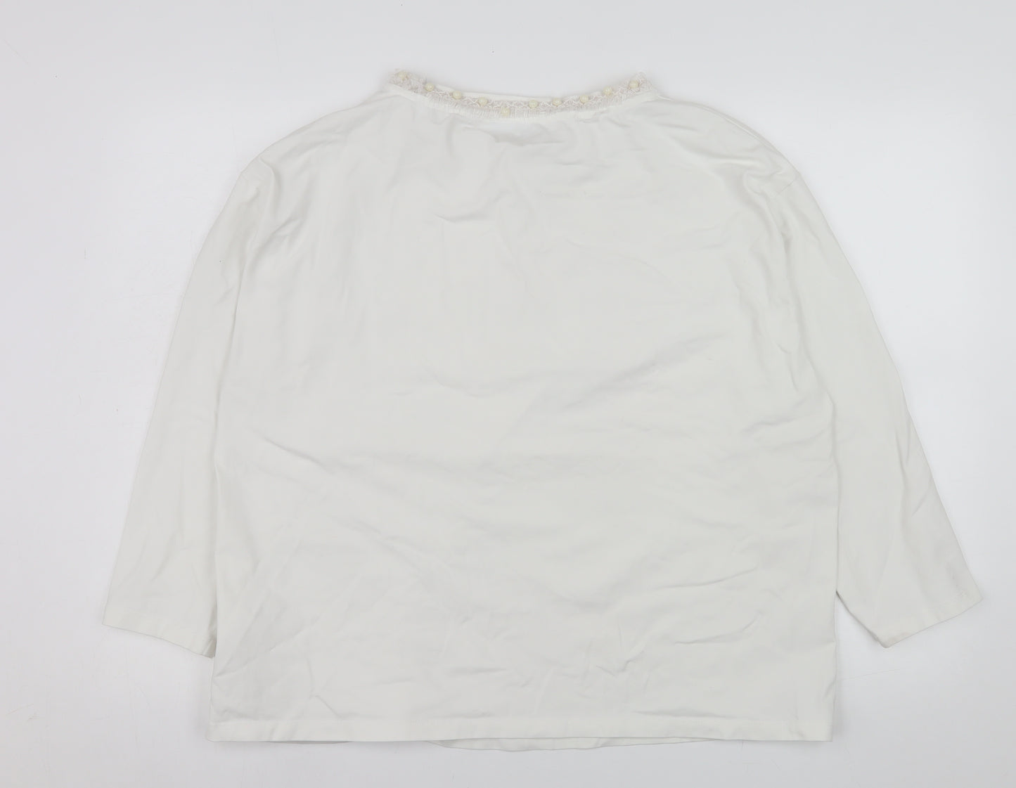 Kelly & Grace Womens White Long Sleeve Embellished Neck Top XXL