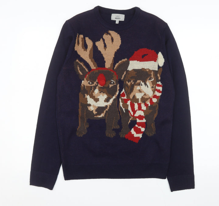 Marks and Spencer Men Navy Christmas Dog Jumper Small Regular Fit Acrylic