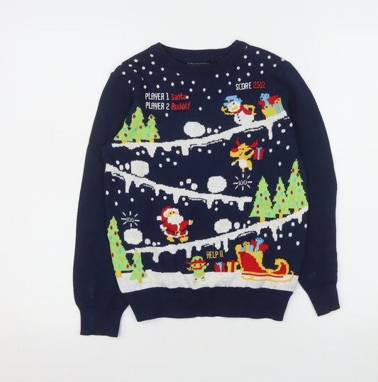 Next Boys Navy Christmas Santa Jumper 8 Years Cotton Crew Neck
