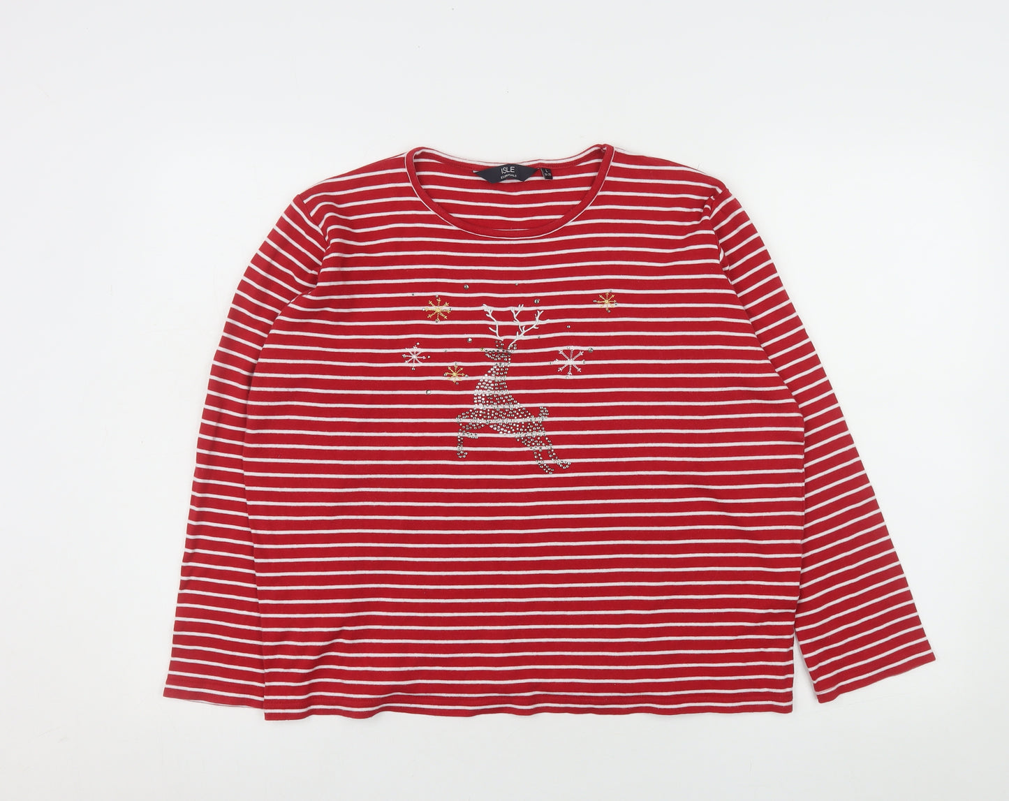 Isle Essentials Women's Red Striped Reindeer Long Sleeve Cotton T-Shirt Size 18