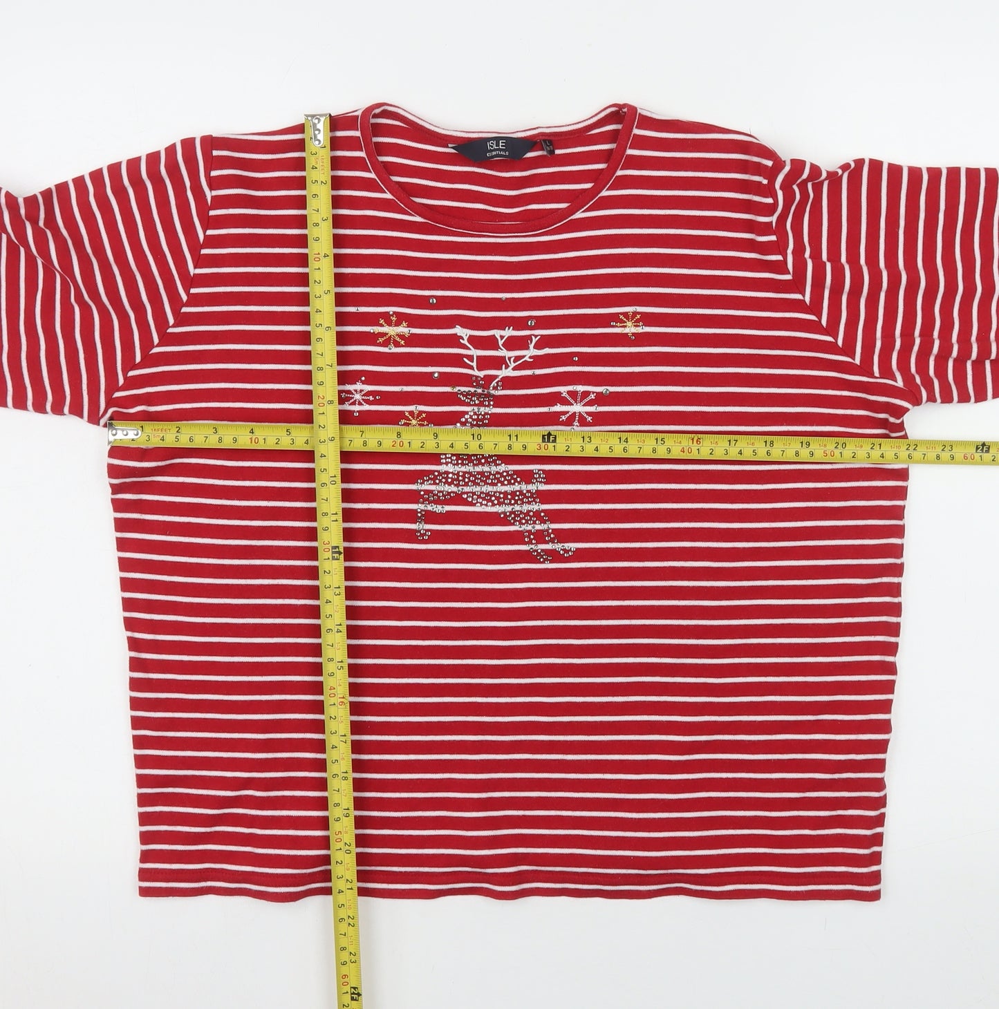 Isle Essentials Women's Red Striped Reindeer Long Sleeve Cotton T-Shirt Size 18