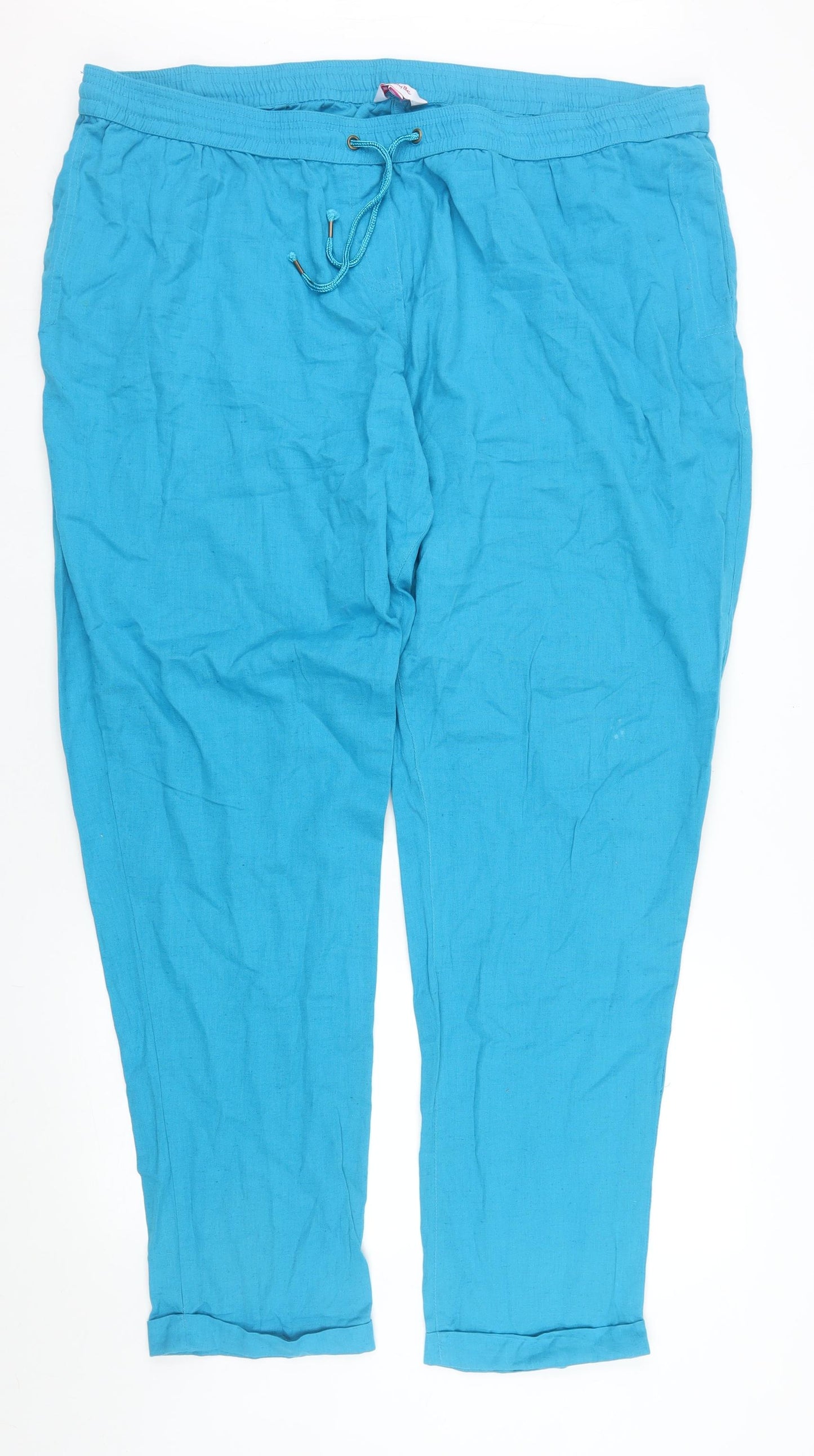 SimplyBe Women Blue Cotton Linen Tapered Casual Trousers Size 24