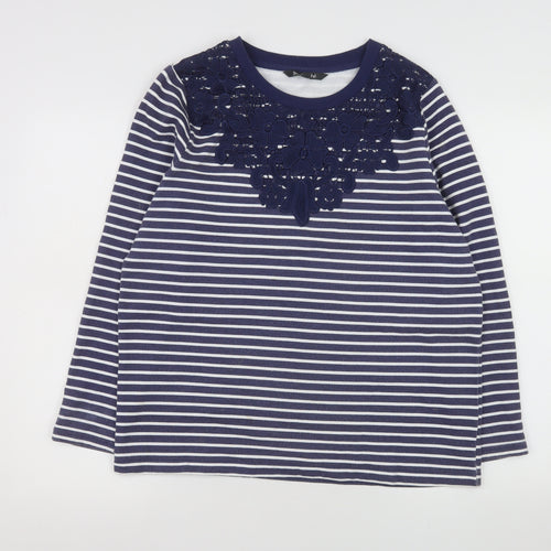 Bonmarché Women Blue Striped Lace Detail Long Sleeve Jersey Top Size 12