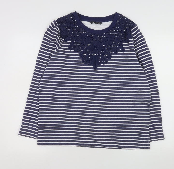 Bonmarché Women Blue Striped Lace Detail Long Sleeve Jersey Top Size 12