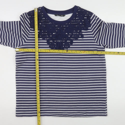 Bonmarché Women Blue Striped Lace Detail Long Sleeve Jersey Top Size 12