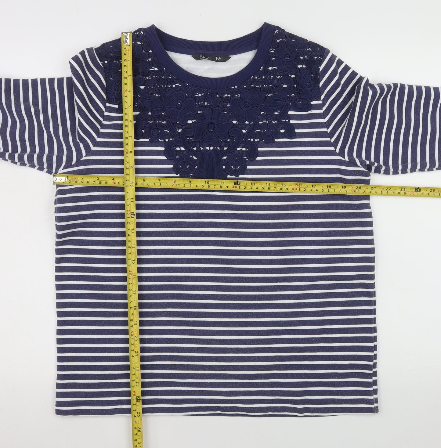 Bonmarché Women Blue Striped Lace Detail Long Sleeve Jersey Top Size 12