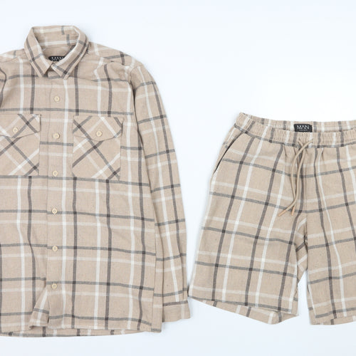 BoohooMAN Men's Beige Check Outfit Set XS Acrylic Blend Casual
