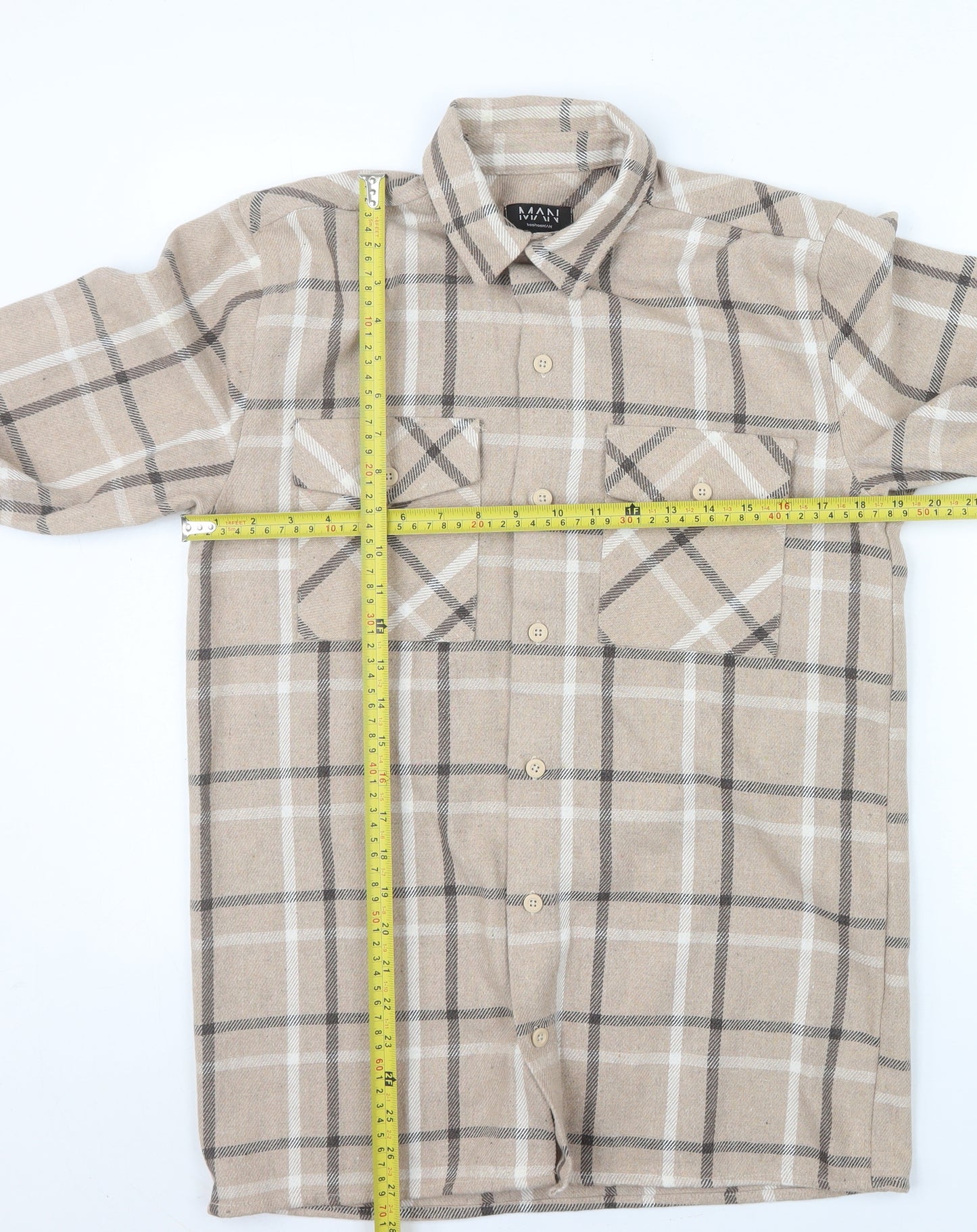 BoohooMAN Men's Beige Check Outfit Set XS Acrylic Blend Casual