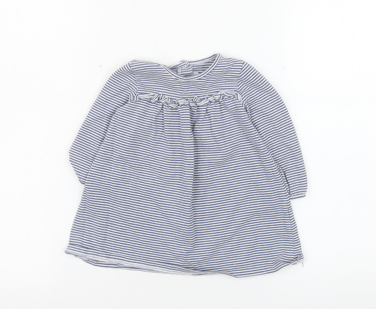 The Little White Company Girls Blue Striped Long Sleeve Dress 6-9 Months