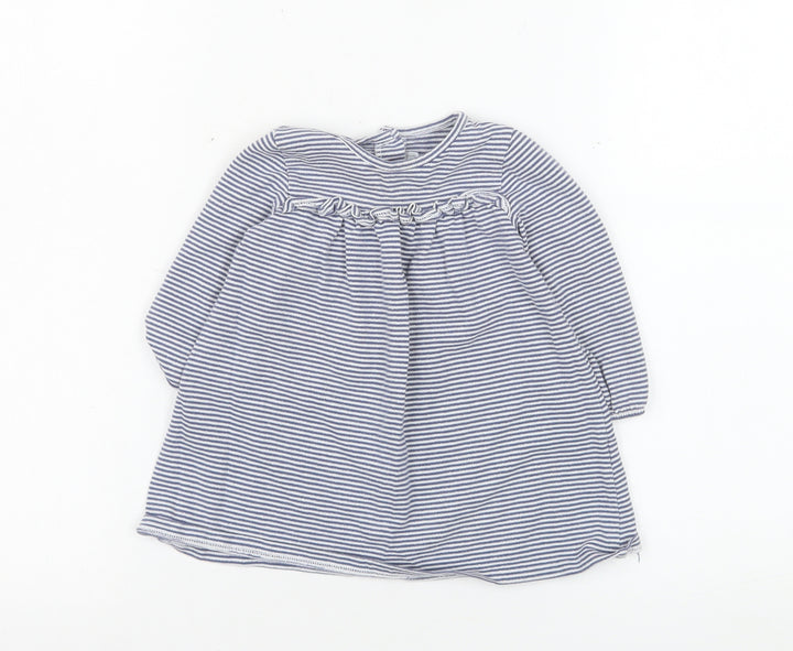 The Little White Company Girls Blue Striped Long Sleeve Dress 6-9 Months