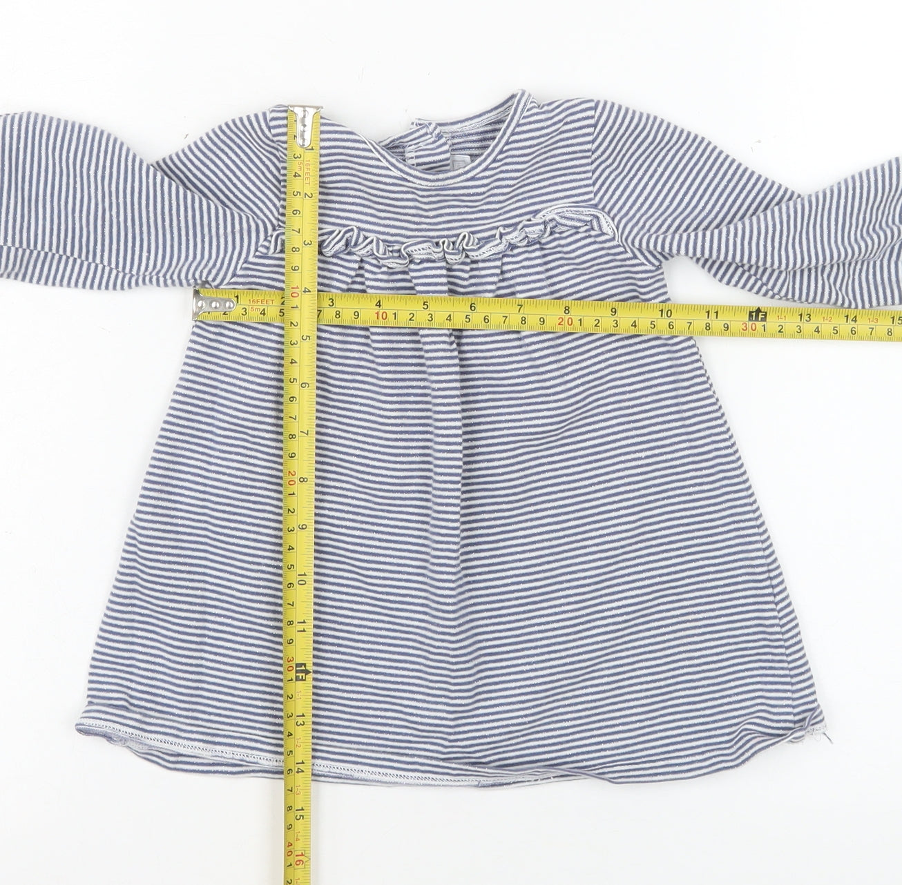 The Little White Company Girls Blue Striped Long Sleeve Dress 6-9 Months