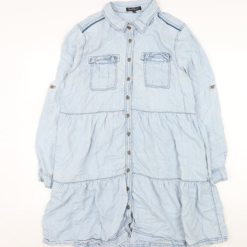 Velvet Heart Womens Blue Tencel Shirt Dress L Button Collared Casual