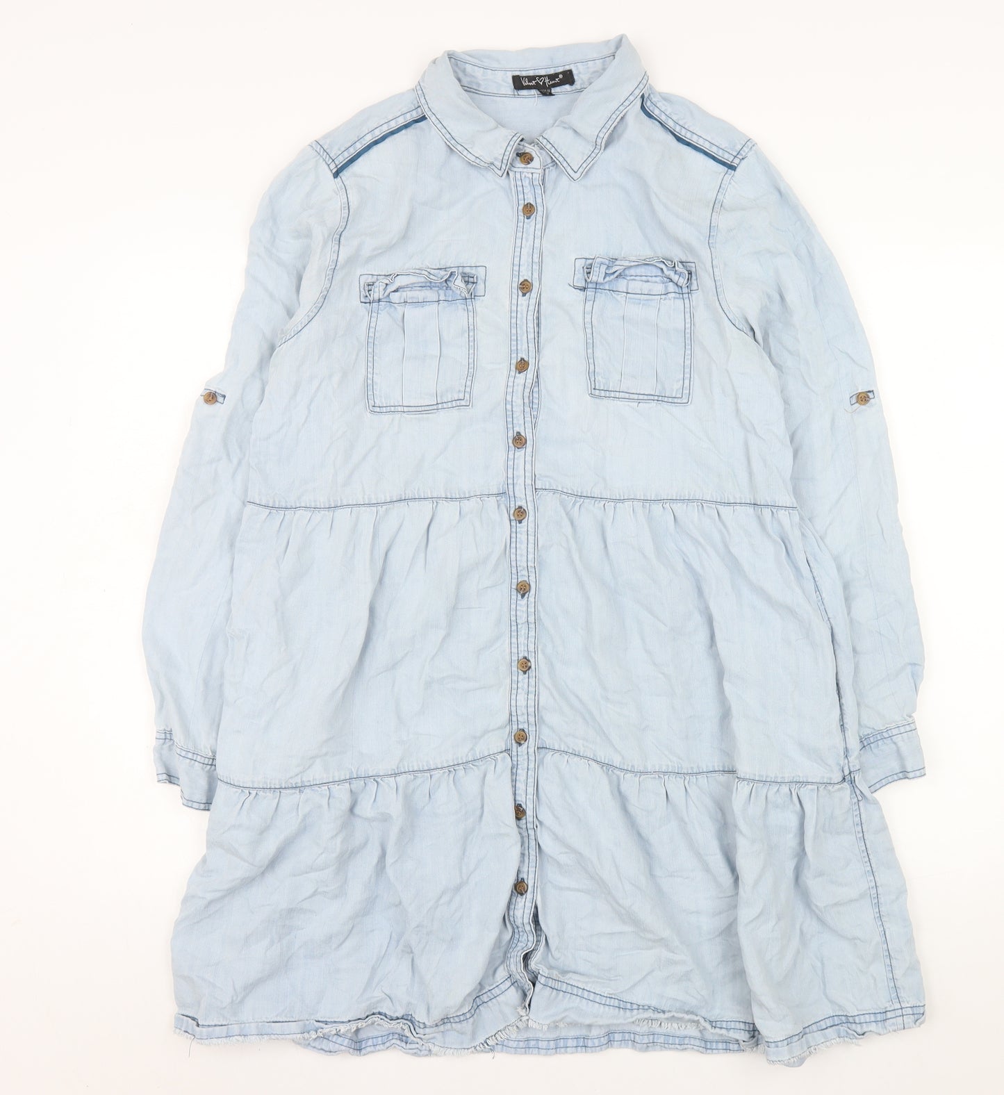 Velvet Heart Womens Blue Tencel Shirt Dress L Button Collared Casual