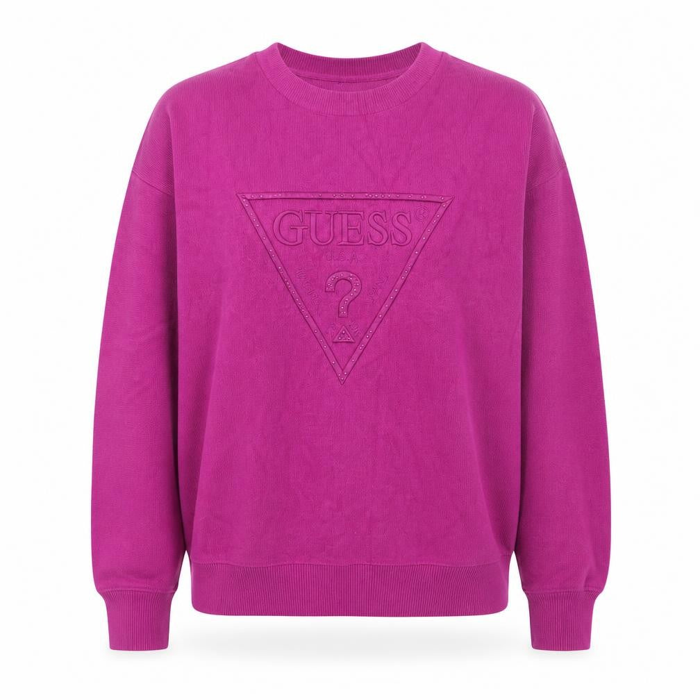 Front view of Guess women’s pink logo pullover sweatshirt, size M, uk 8