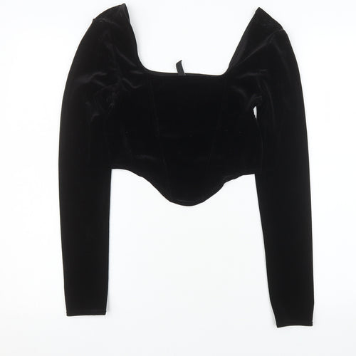 H&M Divided Women Black Velvet Cropped Long Sleeve Square Neck Top Size S