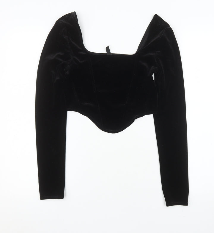 H&M Divided Women Black Velvet Cropped Long Sleeve Square Neck Top Size S