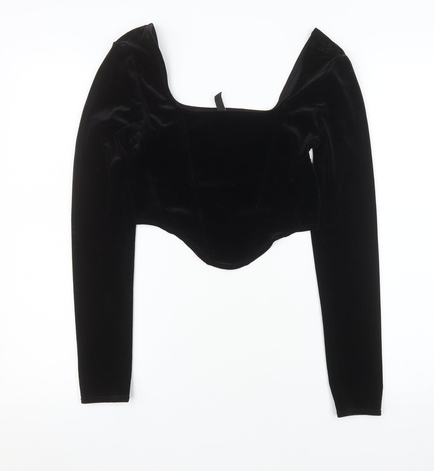 H&M Divided Women Black Velvet Cropped Long Sleeve Square Neck Top Size S