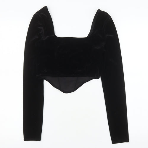 H&M Divided Women Black Velvet Cropped Long Sleeve Square Neck Top Size S
