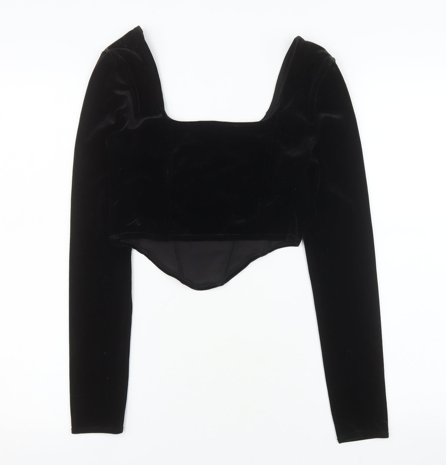H&M Divided Women Black Velvet Cropped Long Sleeve Square Neck Top Size S