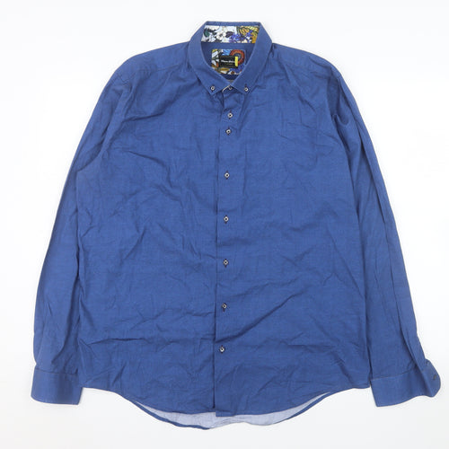 Mauro Puccini Men’s Blue Cotton Slim Fit Long Sleeve Button-Up Shirt XL
