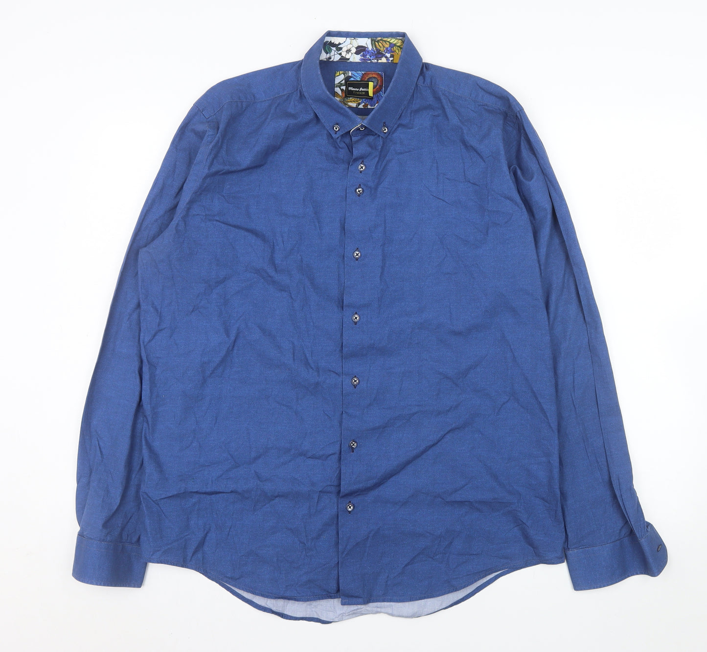 Mauro Puccini Men’s Blue Cotton Slim Fit Long Sleeve Button-Up Shirt XL
