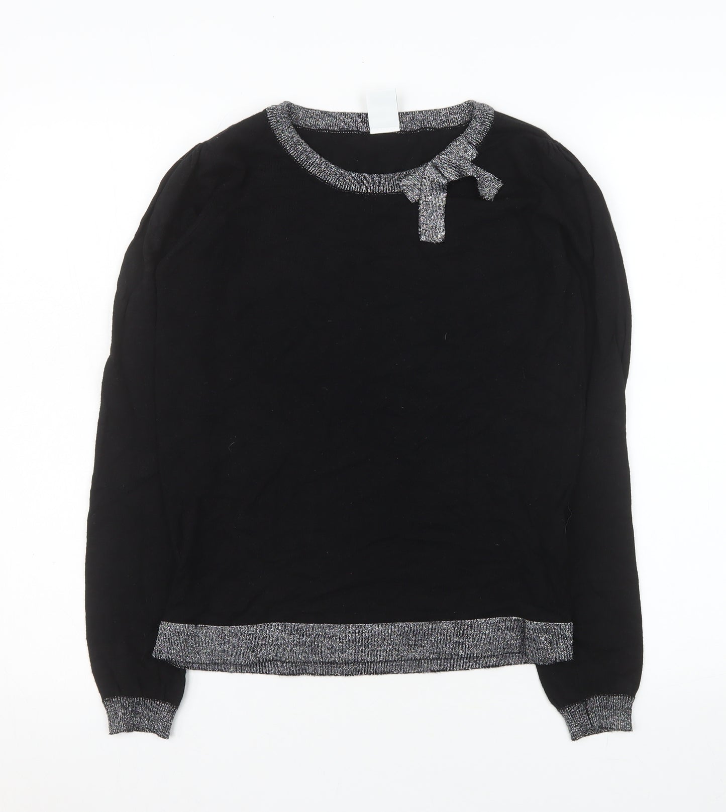 Vero Moda Women's Black Bow Trim Crew Neck Long Sleeve Knit Jumper Medium