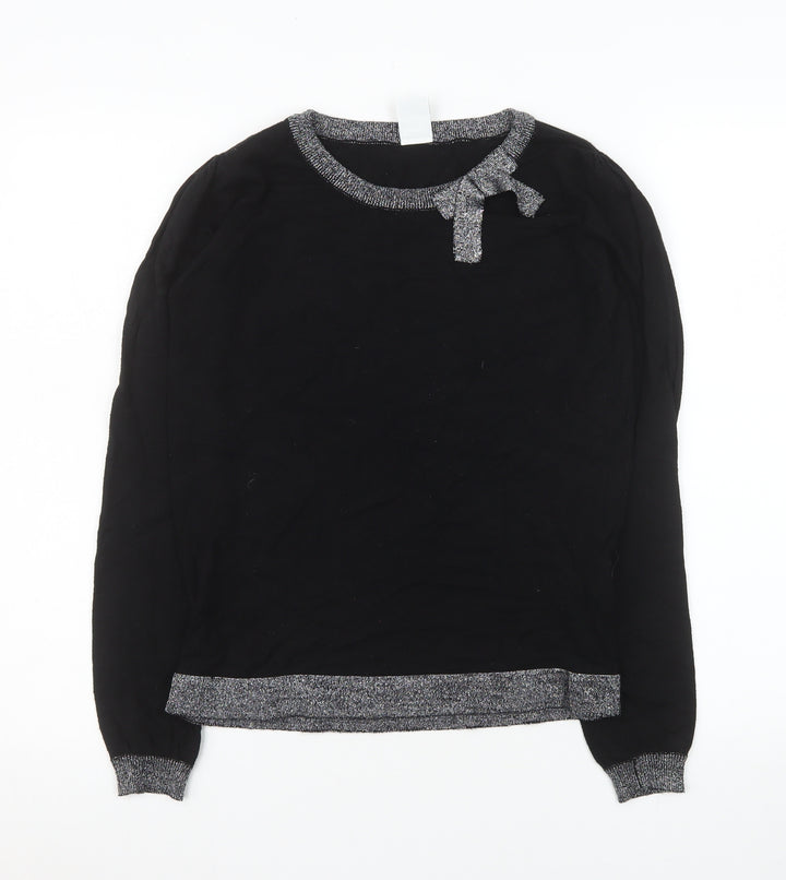 Vero Moda Women's Black Bow Trim Crew Neck Long Sleeve Knit Jumper Medium