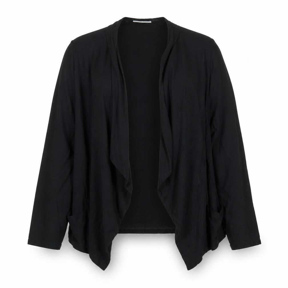 Front view of Wallis women’s black viscose open front jacket, size UK 14, m