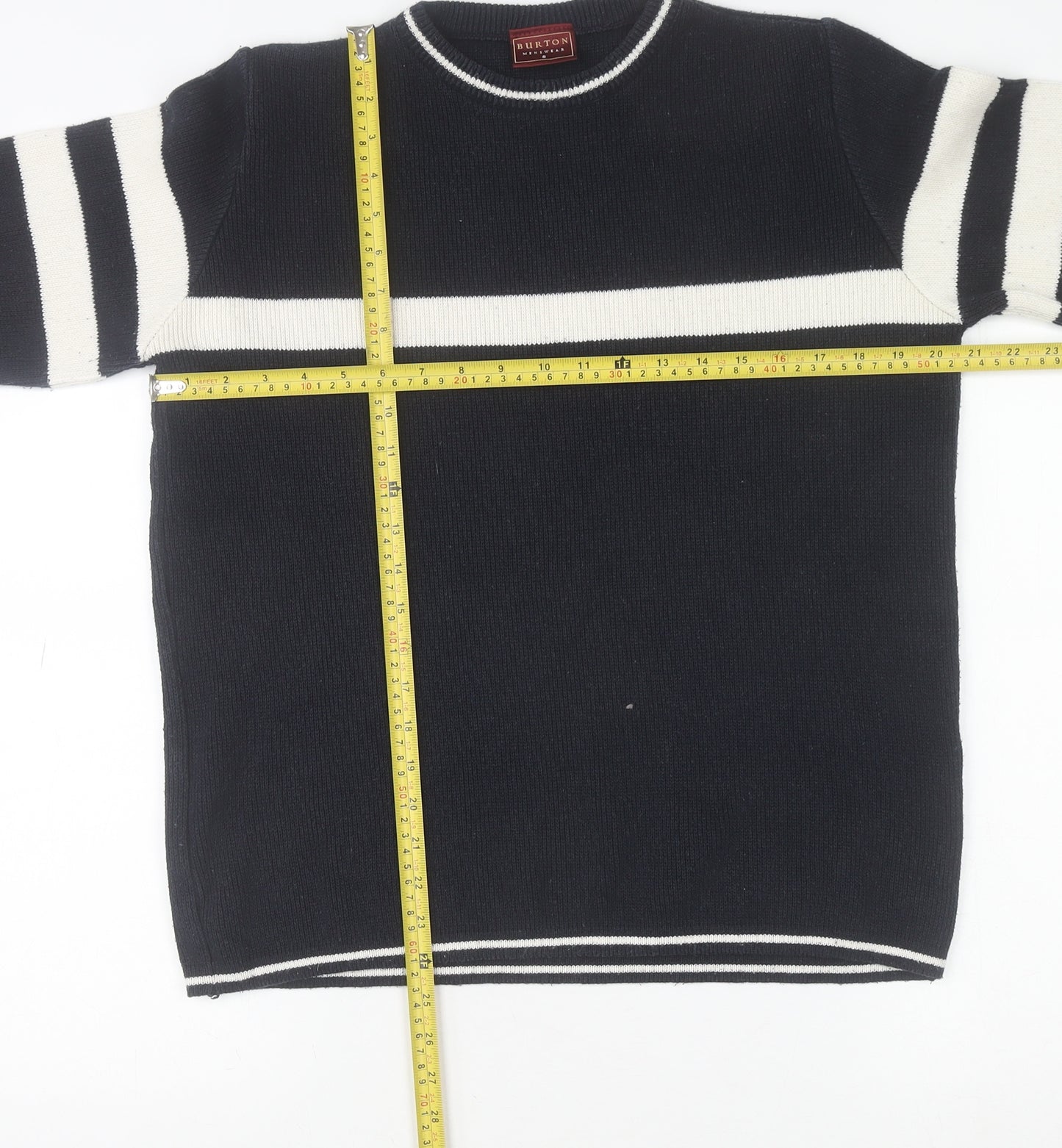 Burton Mens Black White Striped Crew Neck Cotton Jumper Size S