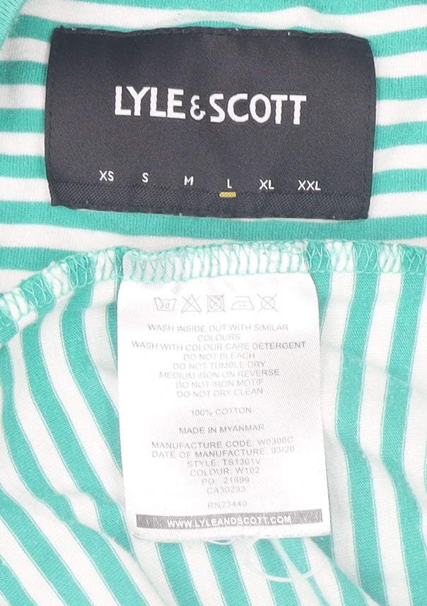 Lyle & Scott Men's Green Striped Crew Neck Cotton T-Shirt Size L