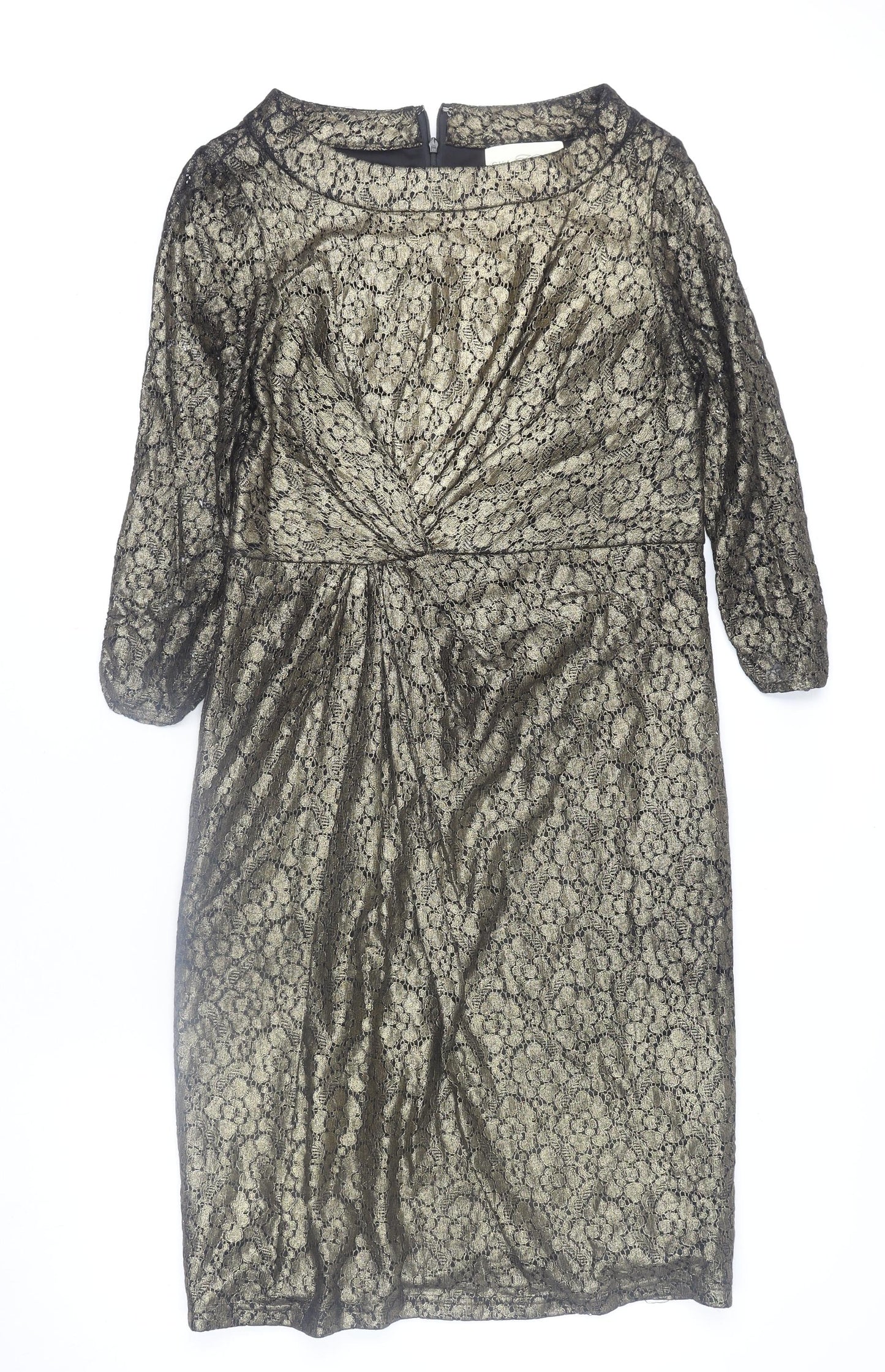 Gill Harvey Collection Women's Gold Lace Ruched Sheath Dress Size 14