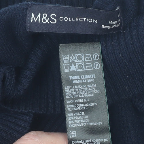 Marks and Spencer Women's Blue Mock Neck Long Sleeve Knitted Jumper Size M
