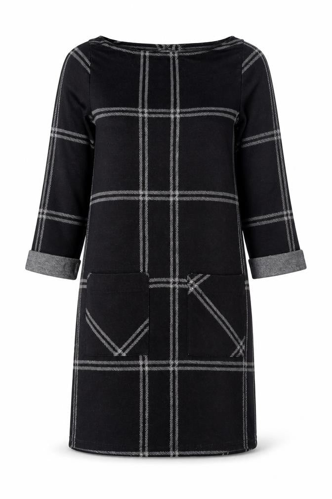 Front view of Atmosphere women’s black check shift dress, size UK 4, knit 3/4 sleeve