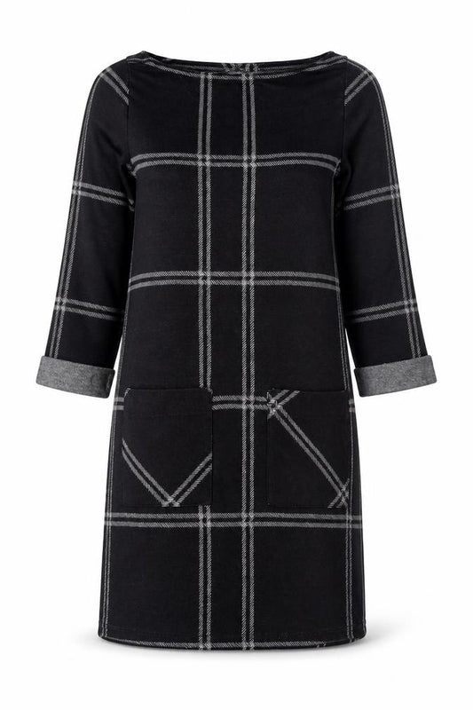 Front view of Atmosphere women’s black check shift dress, size UK 4, knit 3/4 sleeve