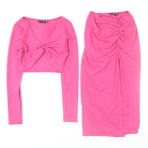 PrettyLittleThing Women’s Pink Long Sleeve Knotted Skirt Set UK 8