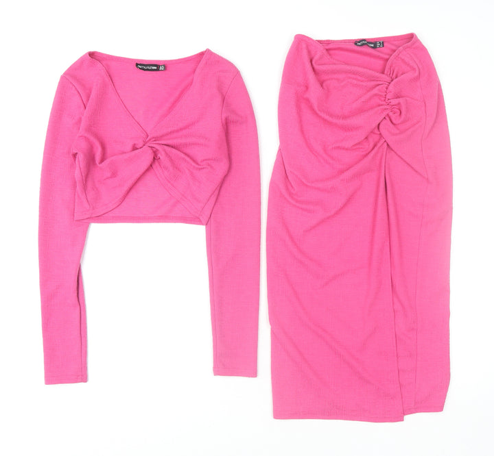 PrettyLittleThing Women’s Pink Long Sleeve Knotted Skirt Set UK 8