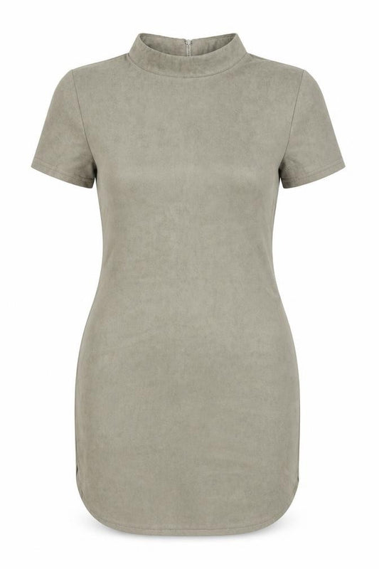 Front view of AX Paris Women Khaki, size 12, Bodycon Short Sleeve High Neck Dress
