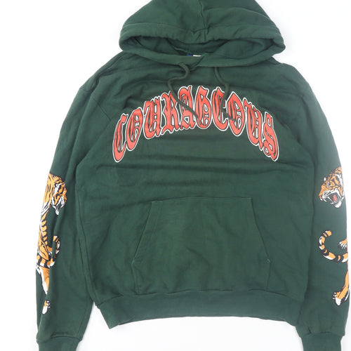 H&M Men’s Green Pullover Hoodie Size M Tiger Graphic Print Cotton