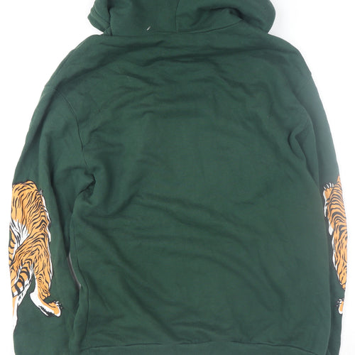 H&M Men’s Green Pullover Hoodie Size M Tiger Graphic Print Cotton
