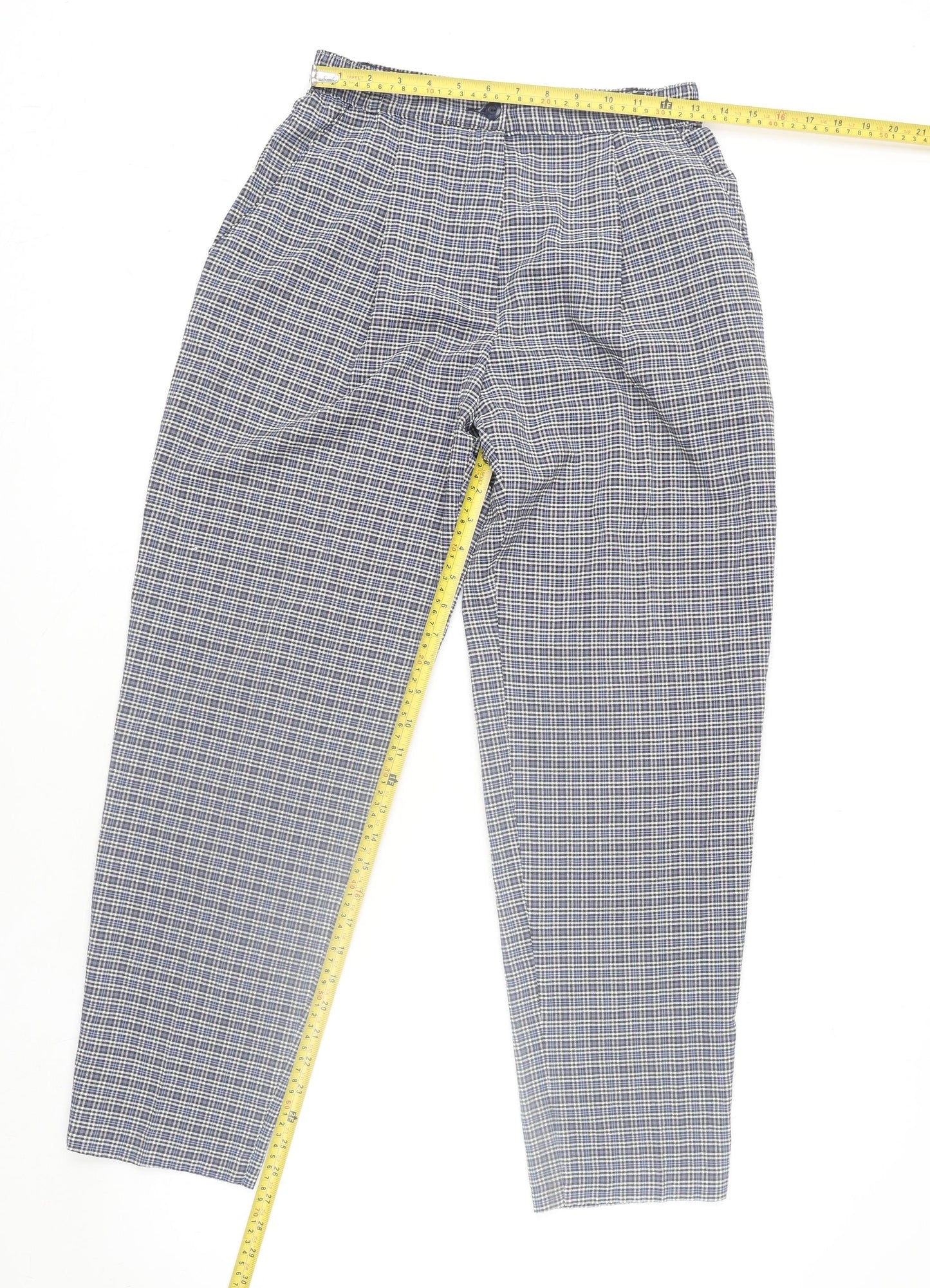 Marks and Spencer Womens Blue Check Pleated Tapered Trousers Size 12