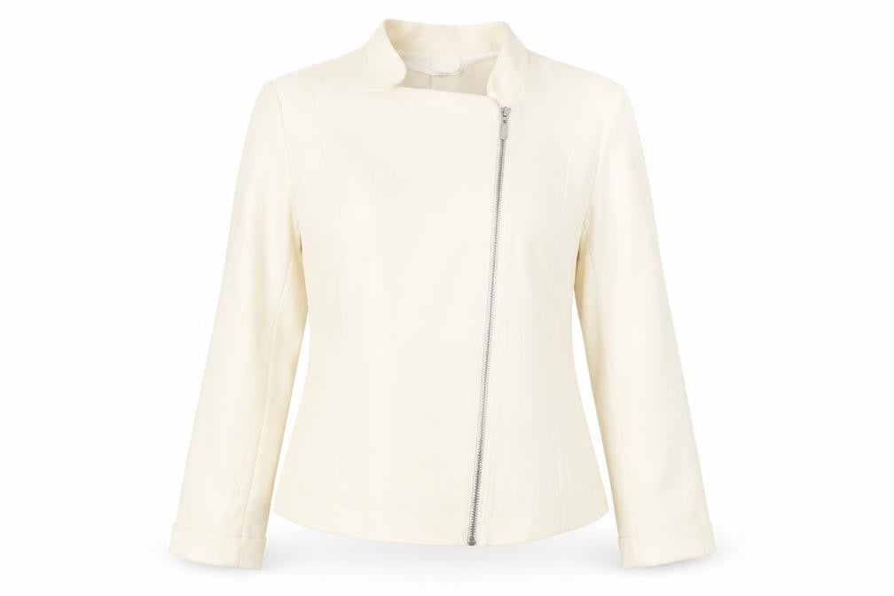 Front view of River Island Women Ivory Zip Blouse, size 12, Classic Polyester Long Sleeve