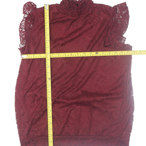 M&Co Women's Red Lace High Neck Sleeveless Tunic Blouse Size 12