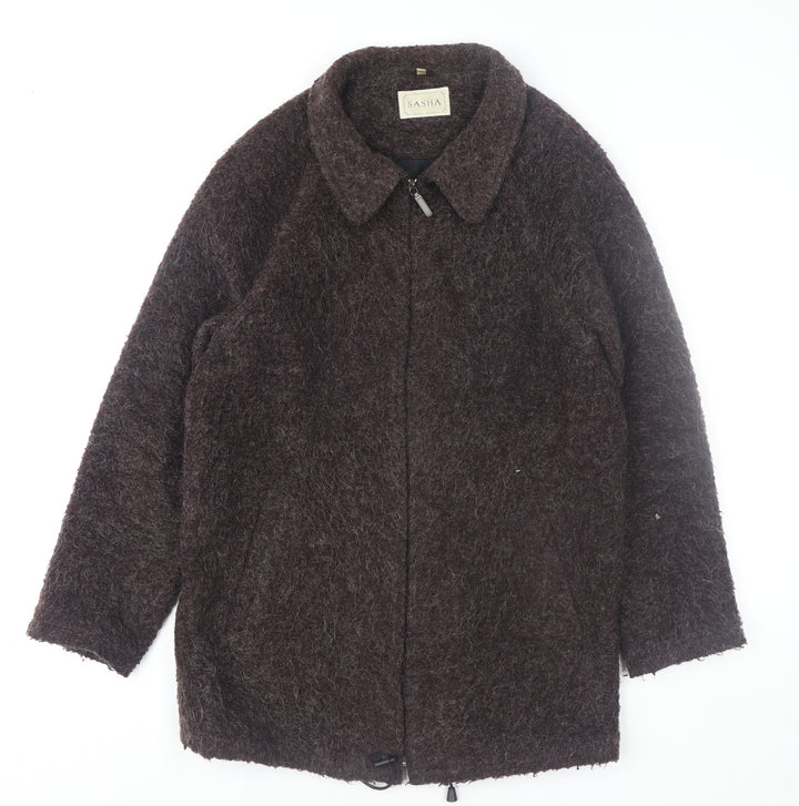 Sasha Women Brown Mohair Blend Mid-Length Zip Coat Size 12
